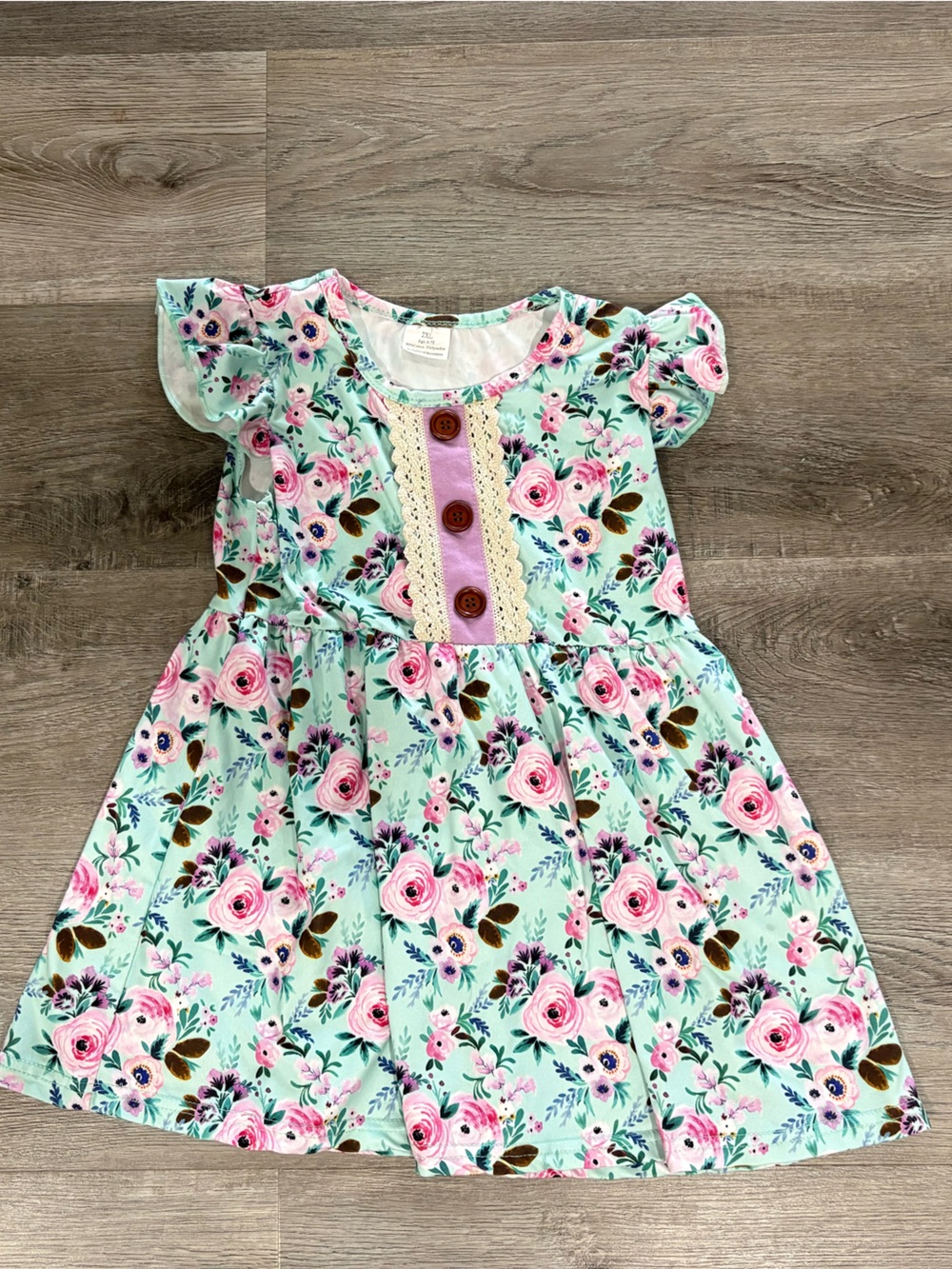 Mint Floral Button-Front Girls Dress with Ruffled Sleeves